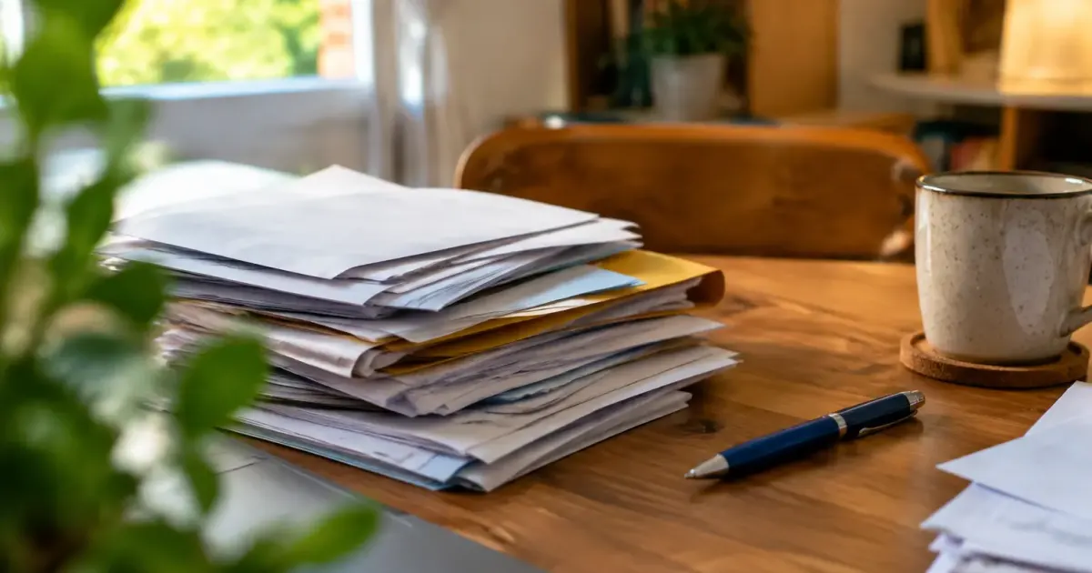Pile de factures papier et stylo sur un bureau