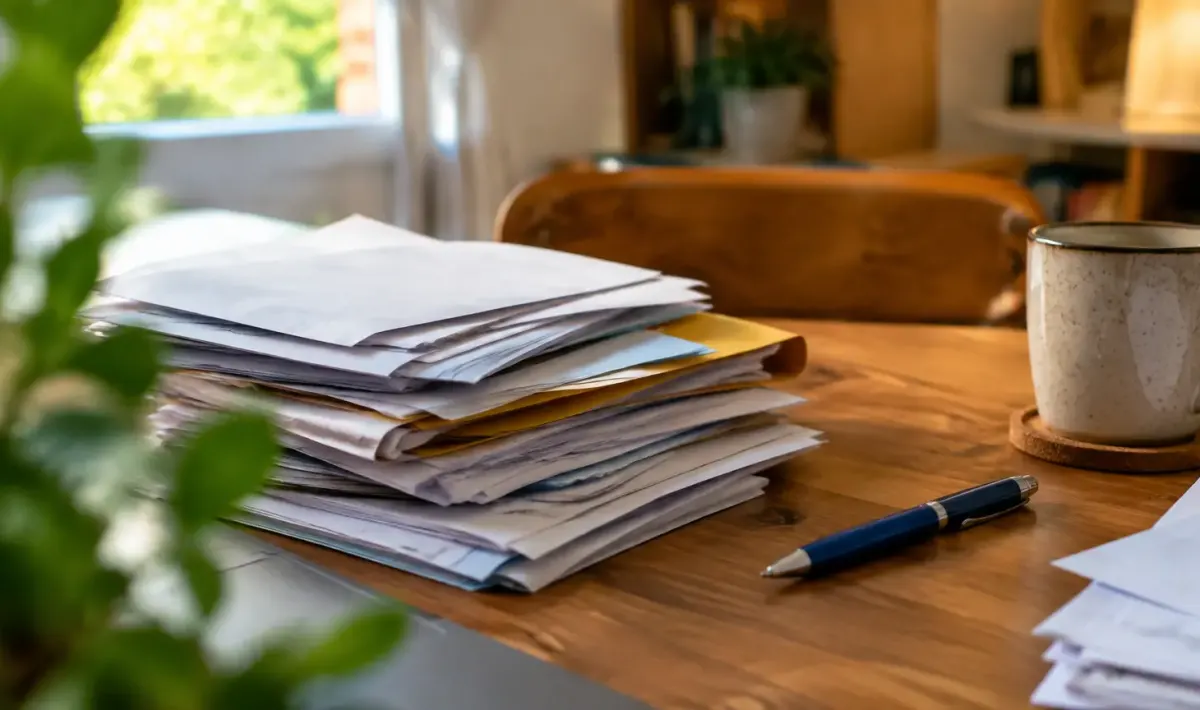 Pile de factures papier et stylo sur un bureau
