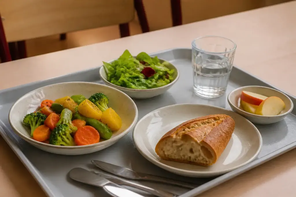 Plateau de cantine avec legumes et pain frais