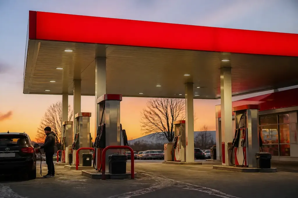Pompes a essence sous un panneau de prix rouge