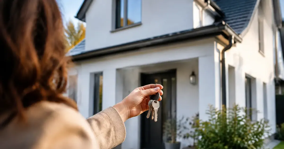 Proprietaire tendant des cles devant une maison blanche