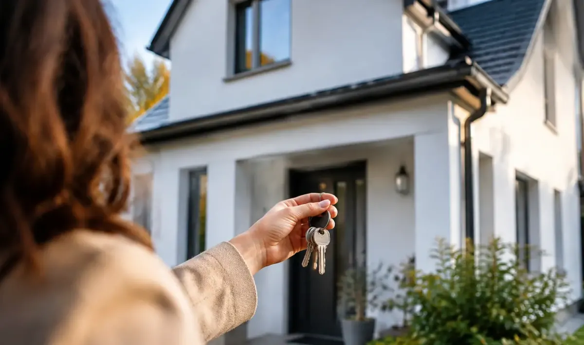 Proprietaire tendant des cles devant une maison blanche