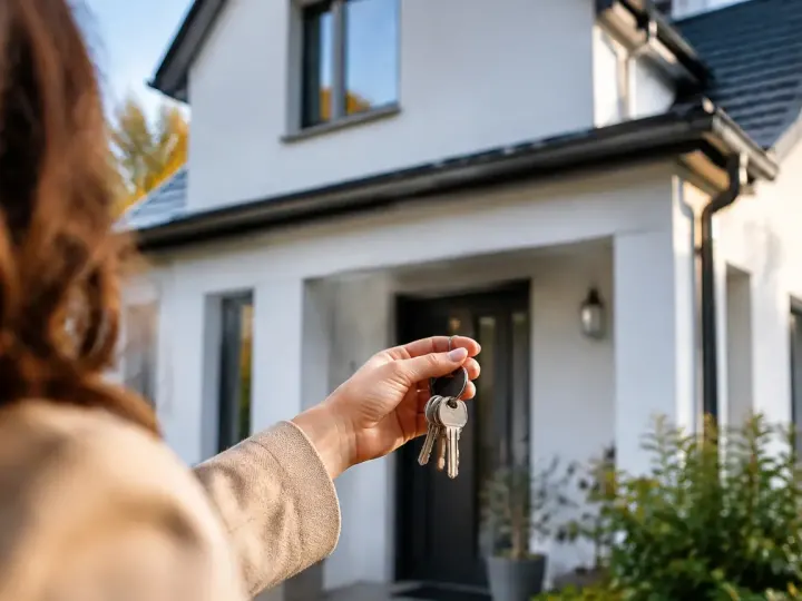 Proprietaire tendant des cles devant une maison blanche