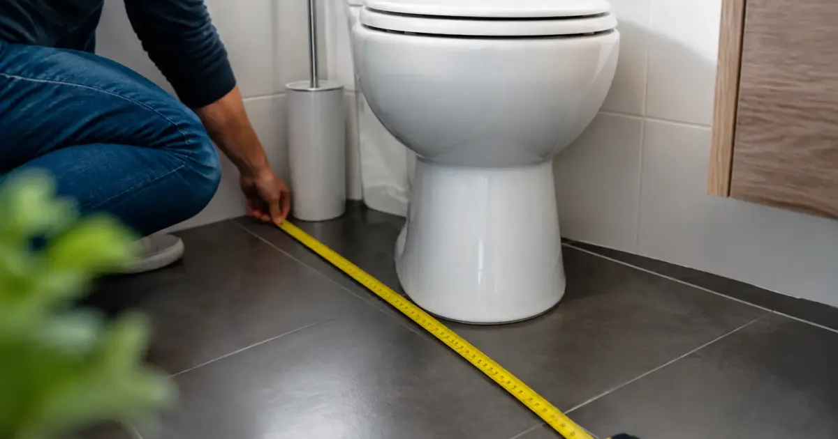 Ruban de mesure au sol devant des toilettes blanches