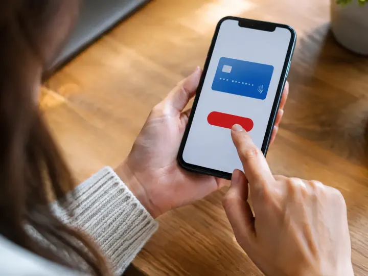Smartphone a plat affichant un bouton rouge de paiement