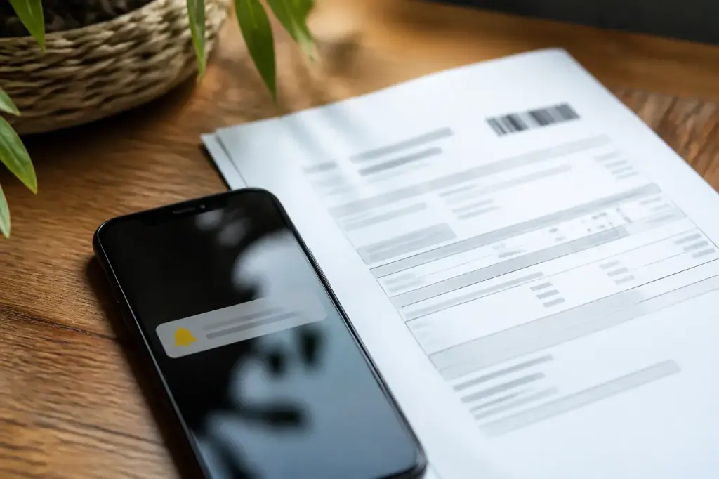 Smartphone affichant une notification pres dune facture papier