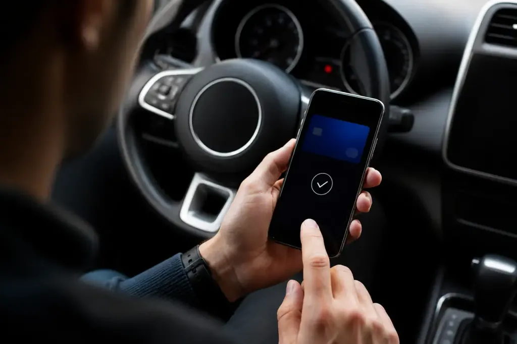 Smartphone affichant une appli de paiement dans une voiture
