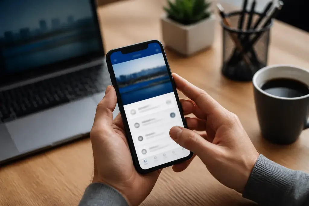 Smartphone affichant une application bancaire sur fond de bureau