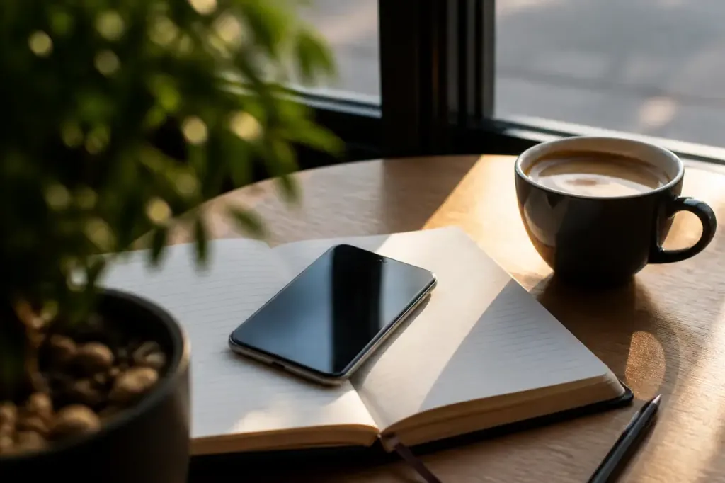 Smartphone pose sur carnet ouvert et tasse de cafe