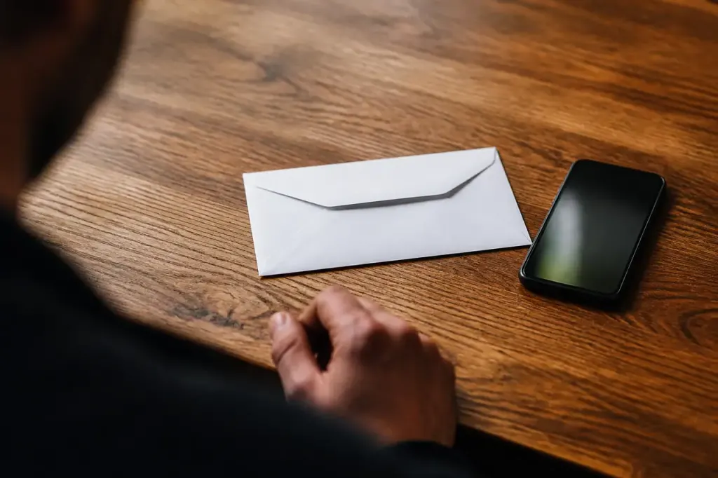 Smartphone et enveloppe blanche sur un bureau en bois