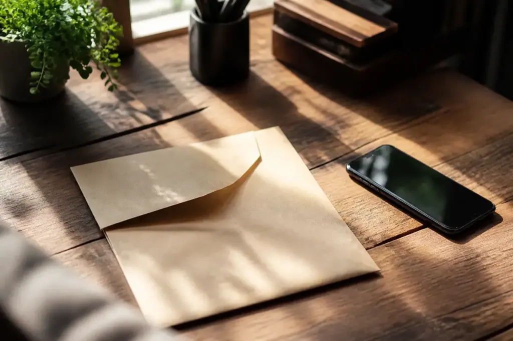 Smartphone et lettre ouverte sur un bureau en bois