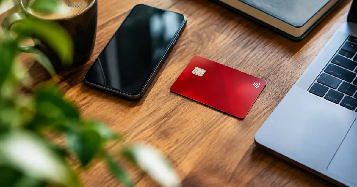 Smartphone en main, carte bancaire rouge sur un bureau