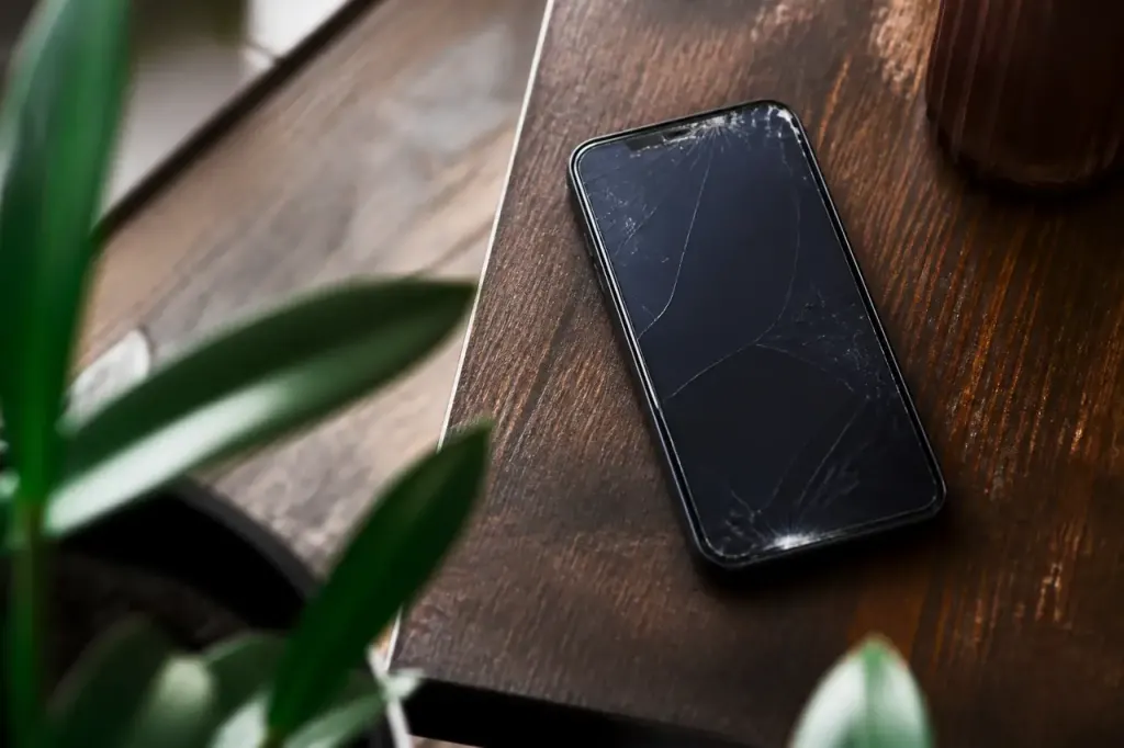 Smartphone neuf ecran fissure pose sur table en bois