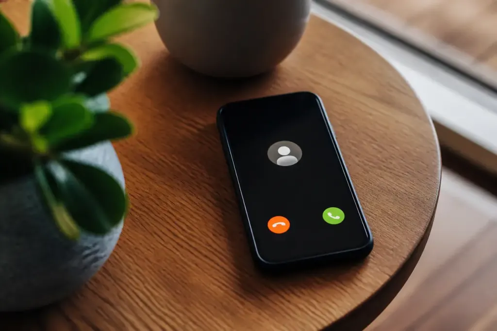 Smartphone pose sur table, ecran affichant numero inconnu