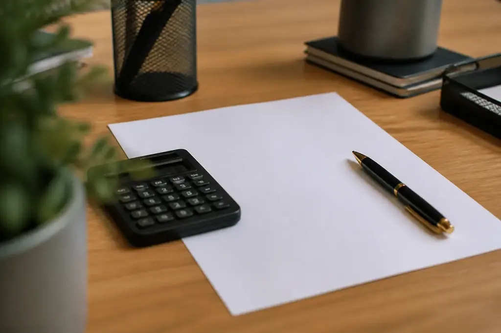 Stylo et calculatrice sur un formulaire papier vierge