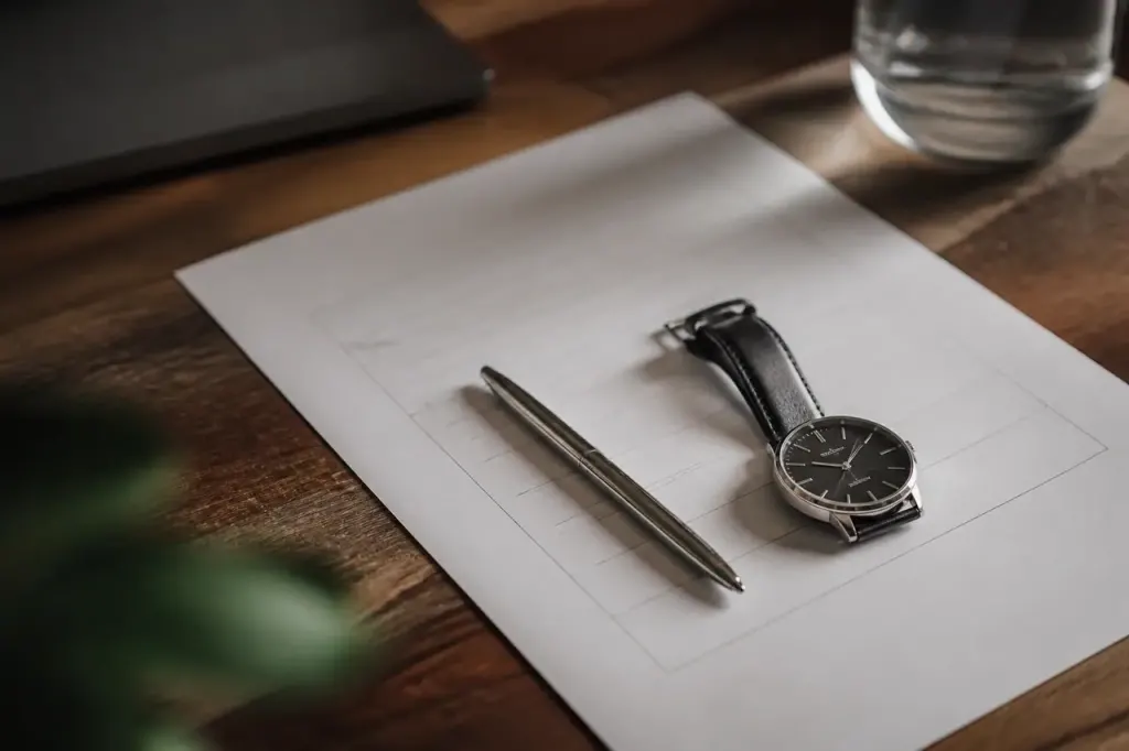 Stylo et horloge poses sur un formulaire papier