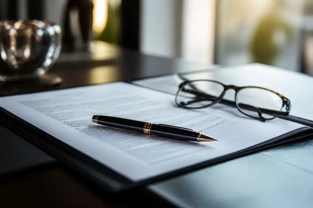 Stylo noir reposant sur un contrat ouvert et lunettes