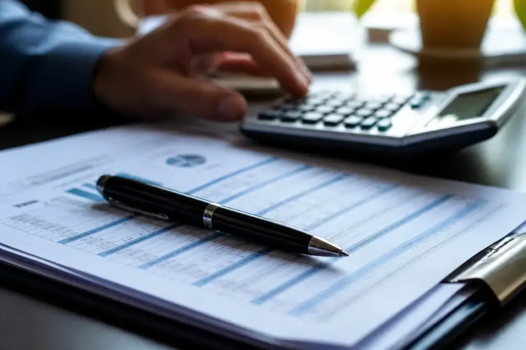 Stylo noir sur des documents bancaires et une calculatrice