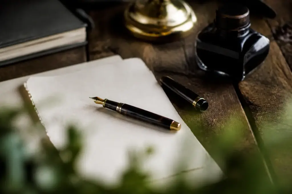 Stylo plume pose sur une feuille manuscrite