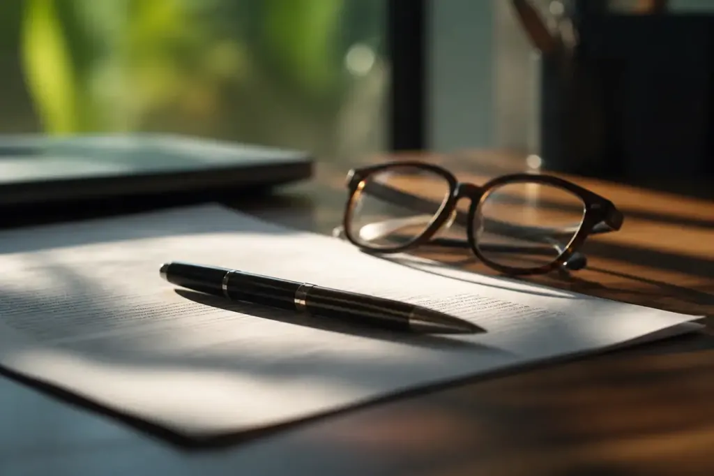 Stylo posé sur un contrat papier avec lunettes
