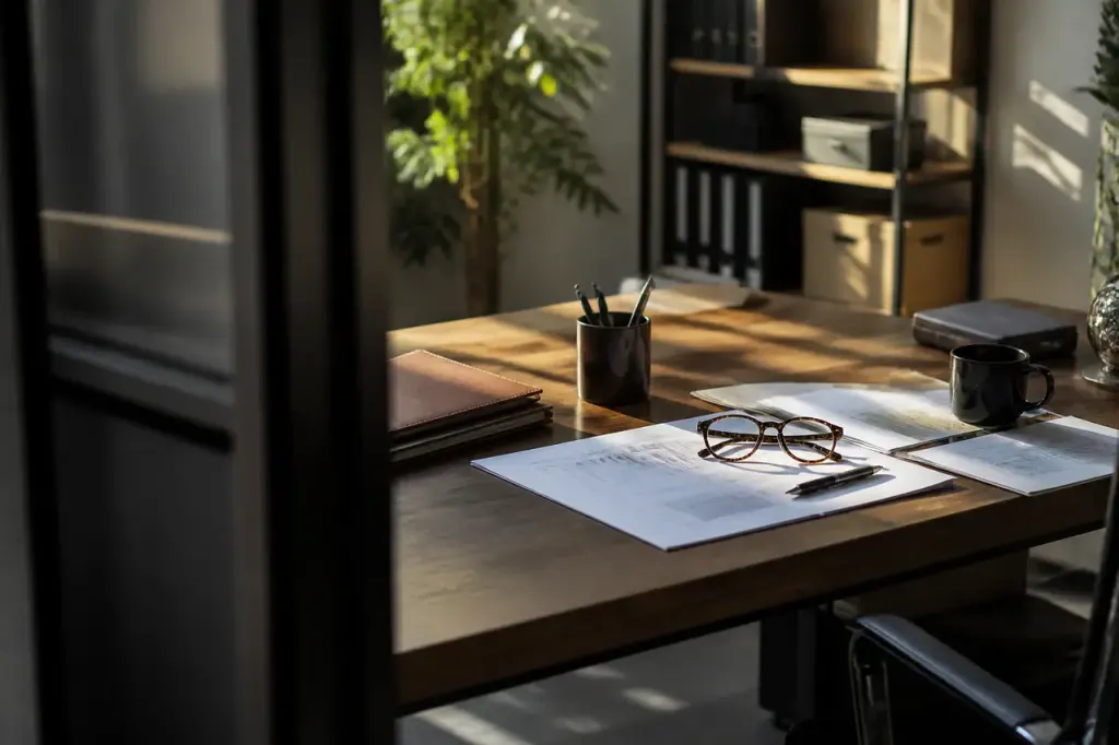 Table de bureau avec documents lunettes et stylo