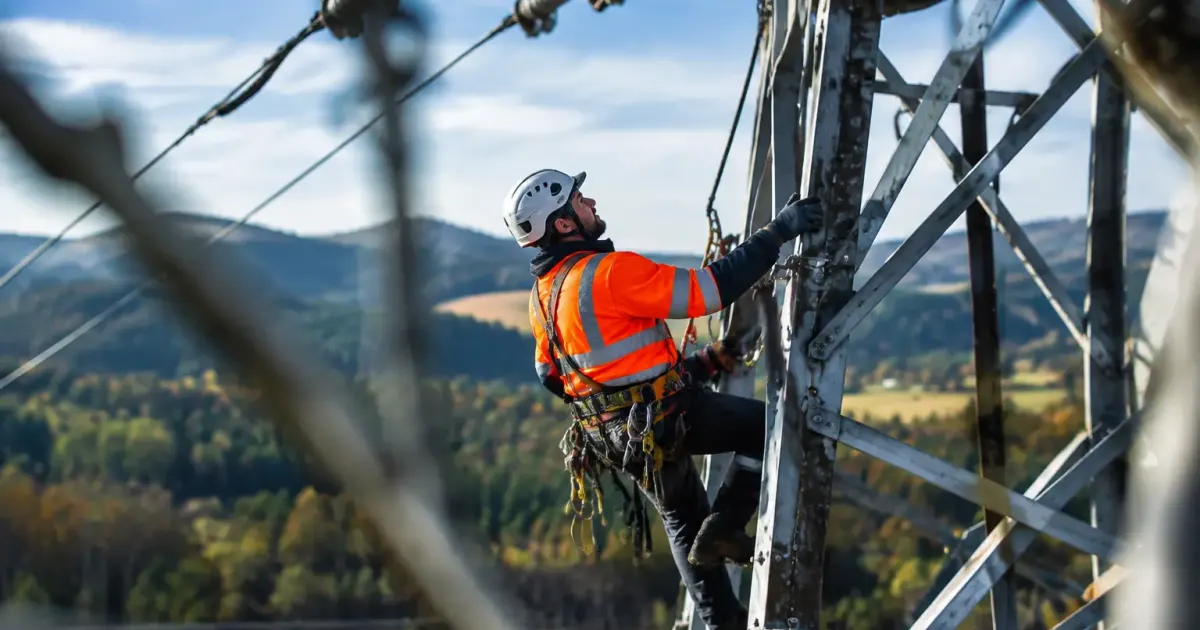 Technicien en gilet orange grimpe sur un pylone