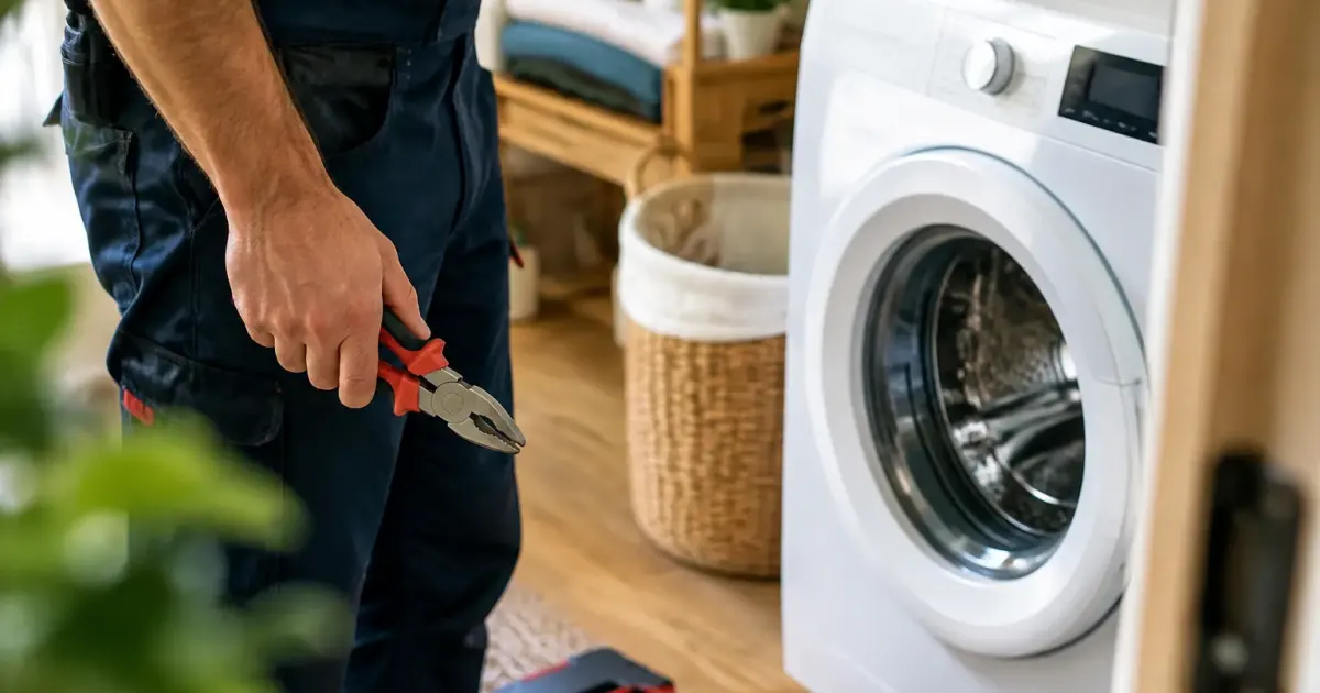 Technicien debout tenant une pince devant un lave linge