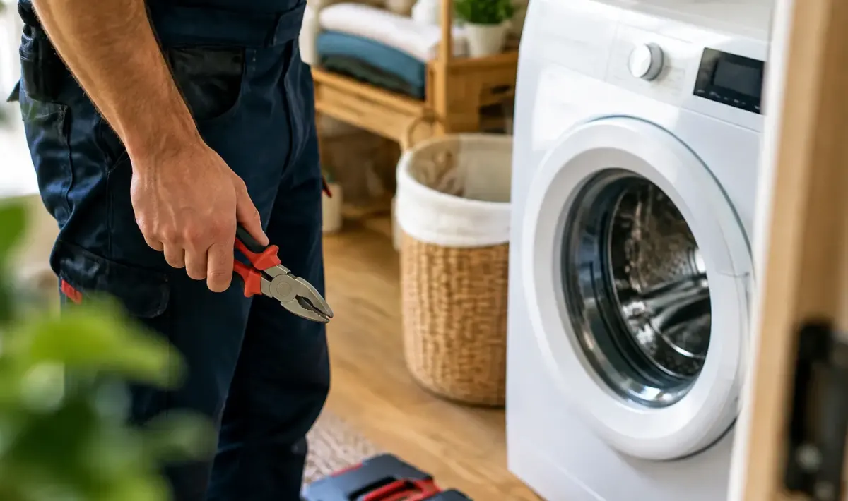 Technicien debout tenant une pince devant un lave linge