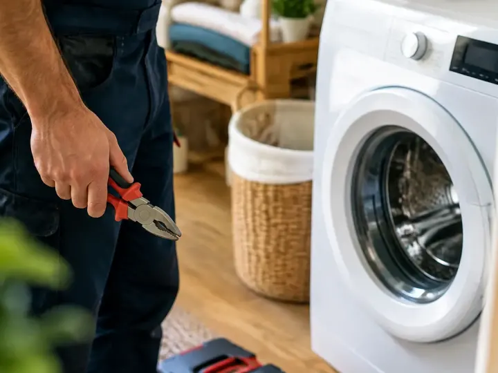 Technicien debout tenant une pince devant un lave linge