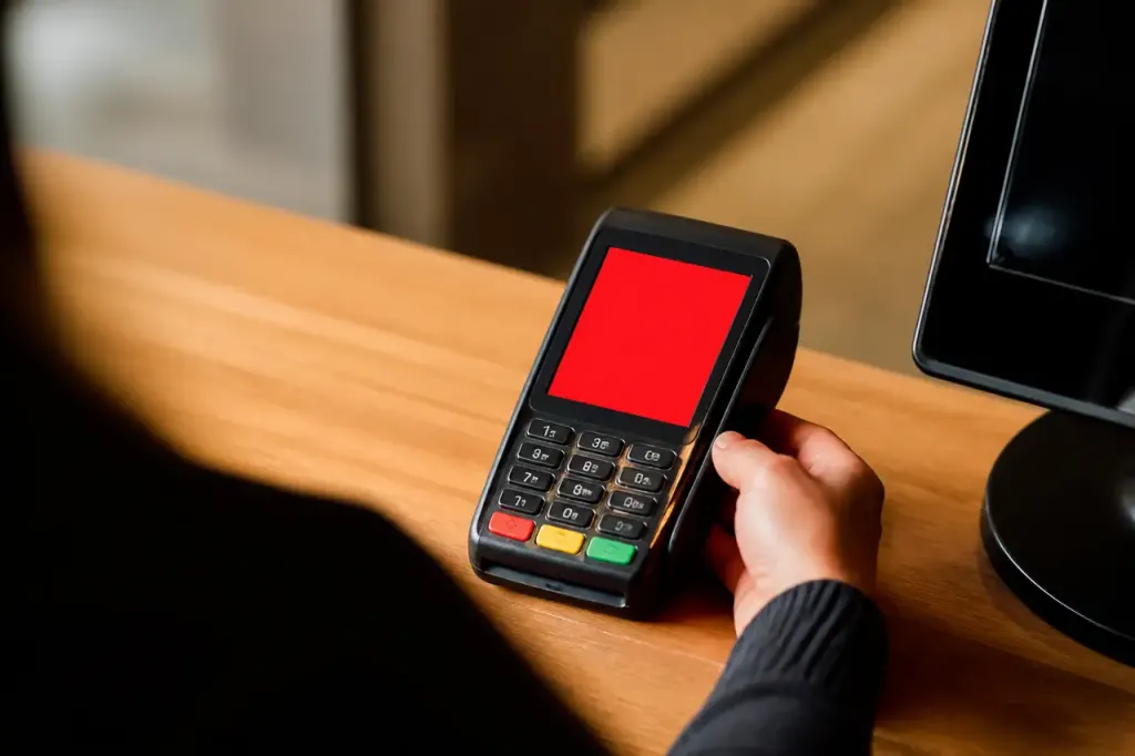 Terminal de paiement affichant un ecran rouge au comptoir