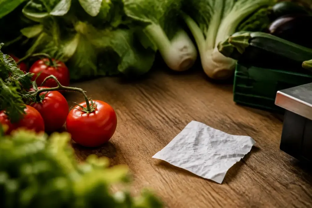 Ticket de caisse sur comptoir pres de legumes frais