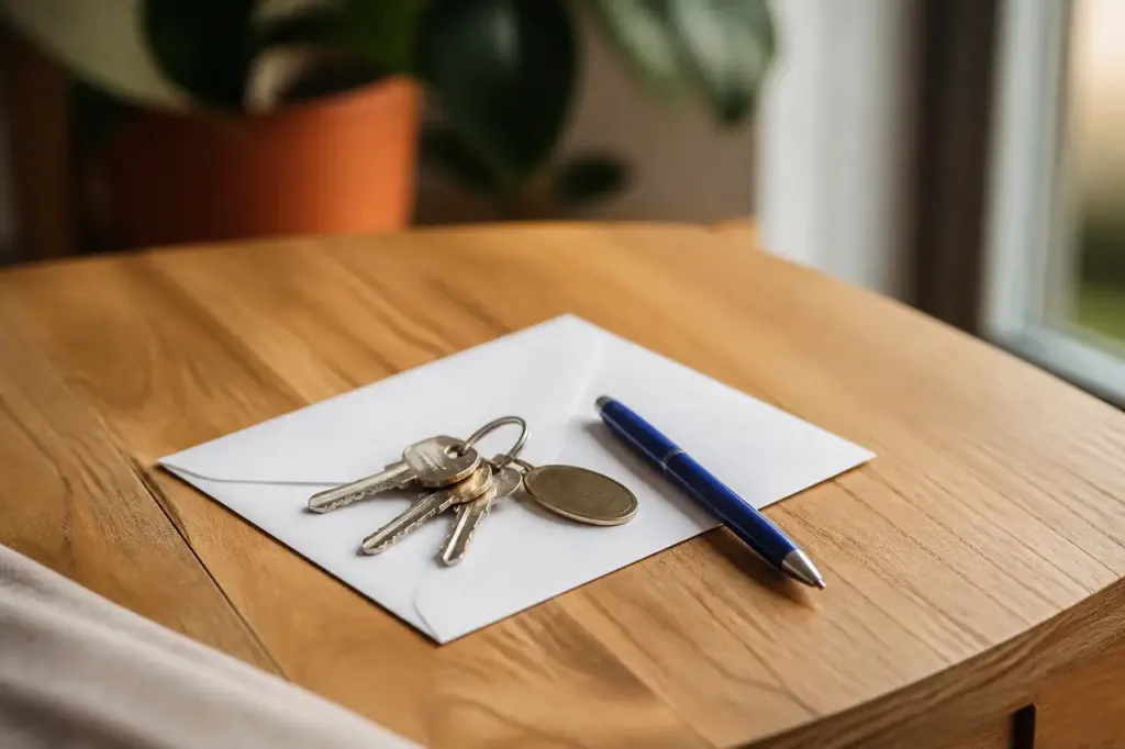 Trousseau de clefs sur enveloppe blanche et stylo bleu