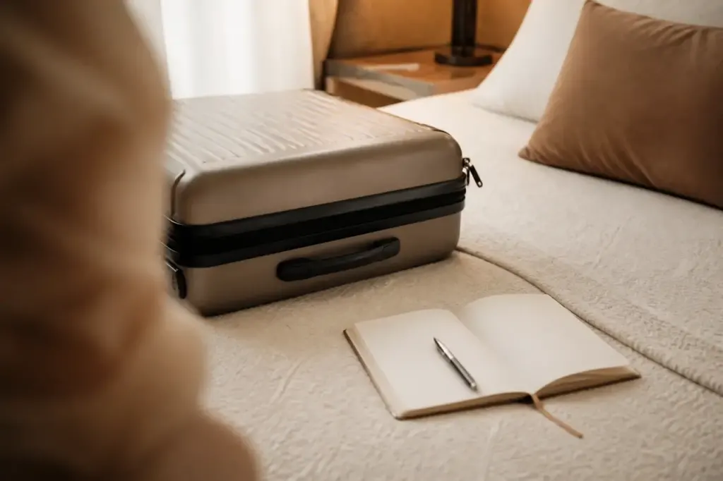 Valise rangee sur un lit avec carnet et stylo