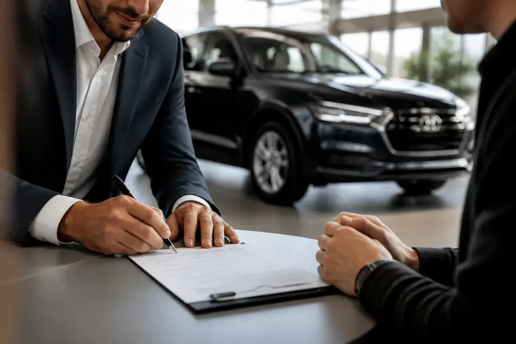 Vendeur et acheteur signent un contrat devant une voiture