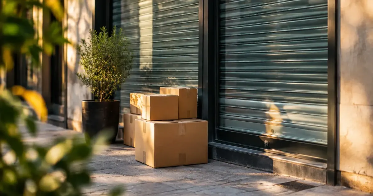 Vendeur debout devant vitrine fermee et cartons au sol