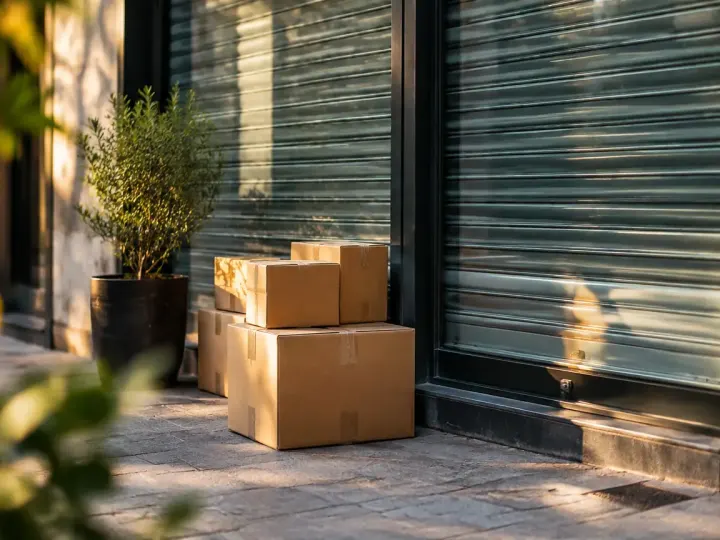 Vendeur debout devant vitrine fermee et cartons au sol