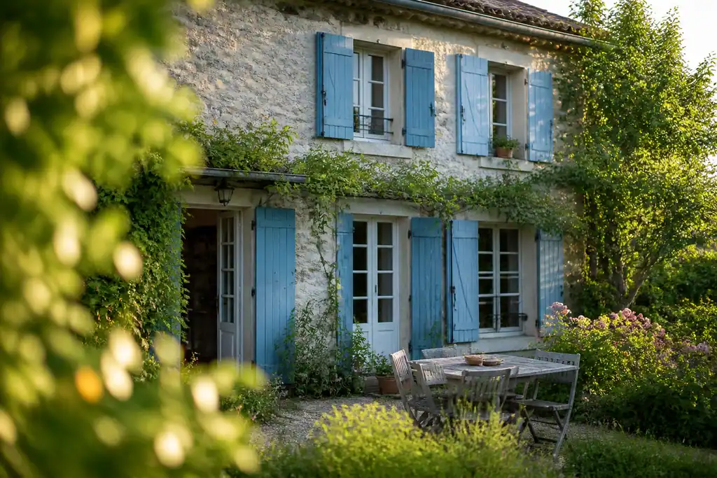 Vieille maison familiale avec volets bleus et jardin