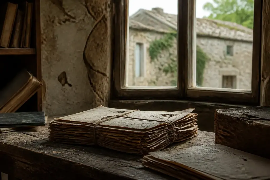 Vieille maison en pierre et dossier papier jauni