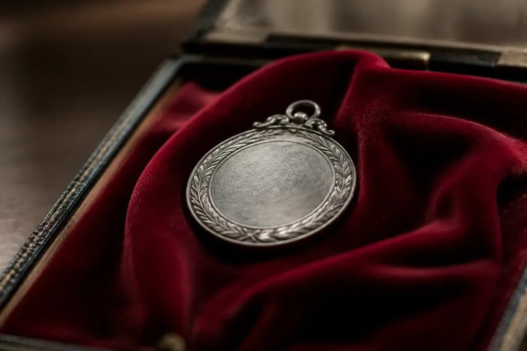Vieille medaille argentee aux reflets mats posee sur velours