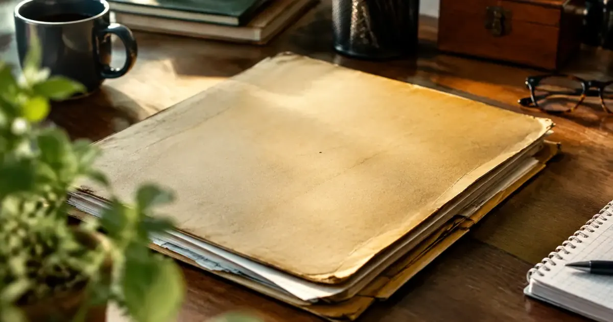 Vieux dossier fiscal jauni pose sur un bureau