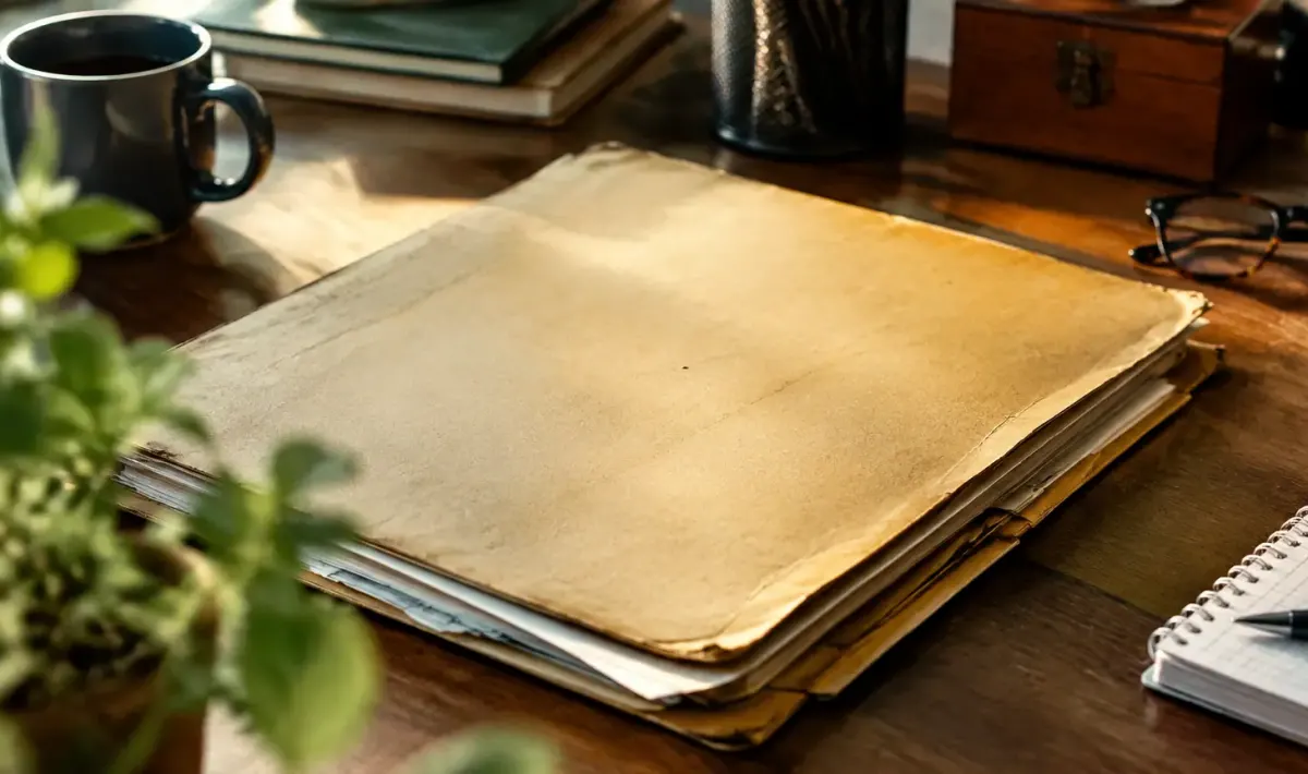 Vieux dossier fiscal jauni pose sur un bureau
