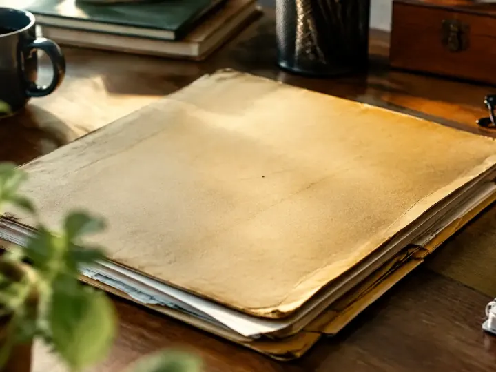 Vieux dossier fiscal jauni pose sur un bureau