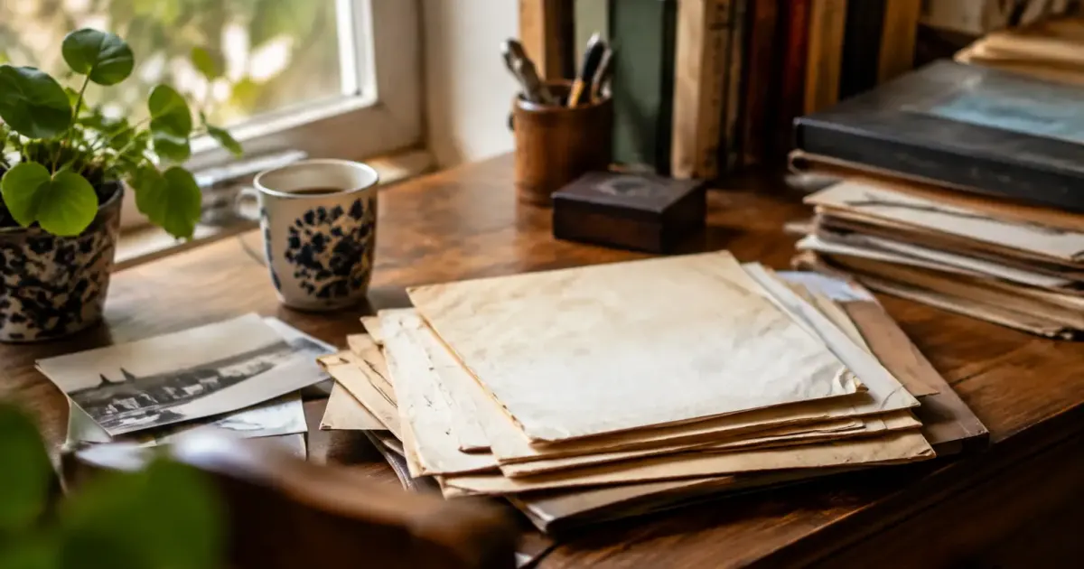 Vieux papiers etales sur un bureau en bois