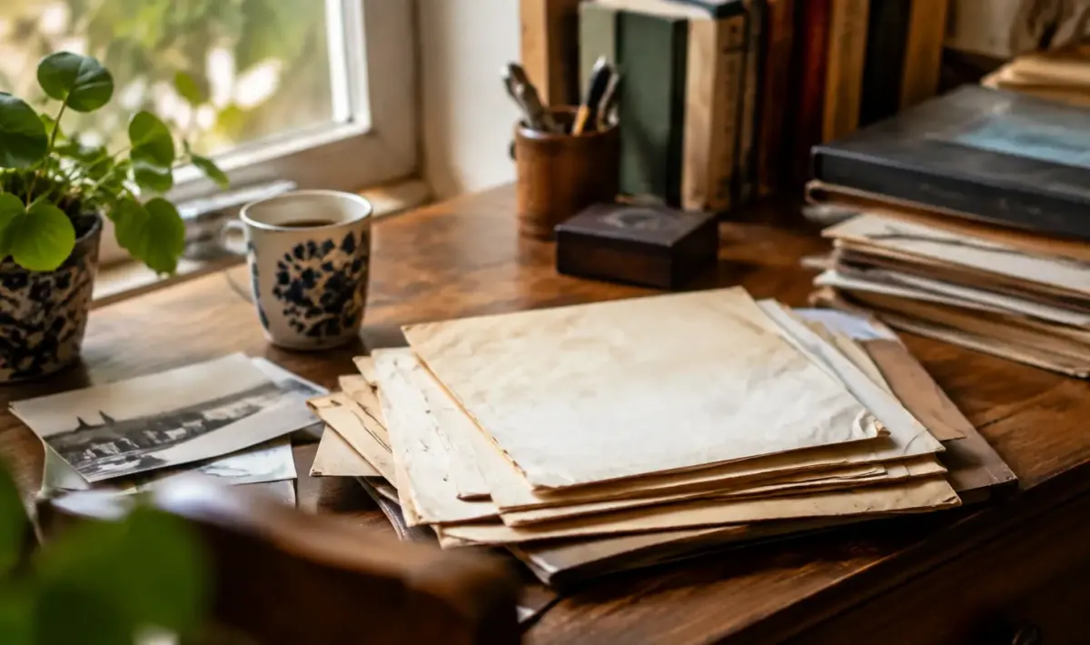 Vieux papiers etales sur un bureau en bois