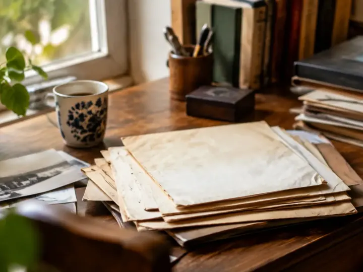 Vieux papiers etales sur un bureau en bois