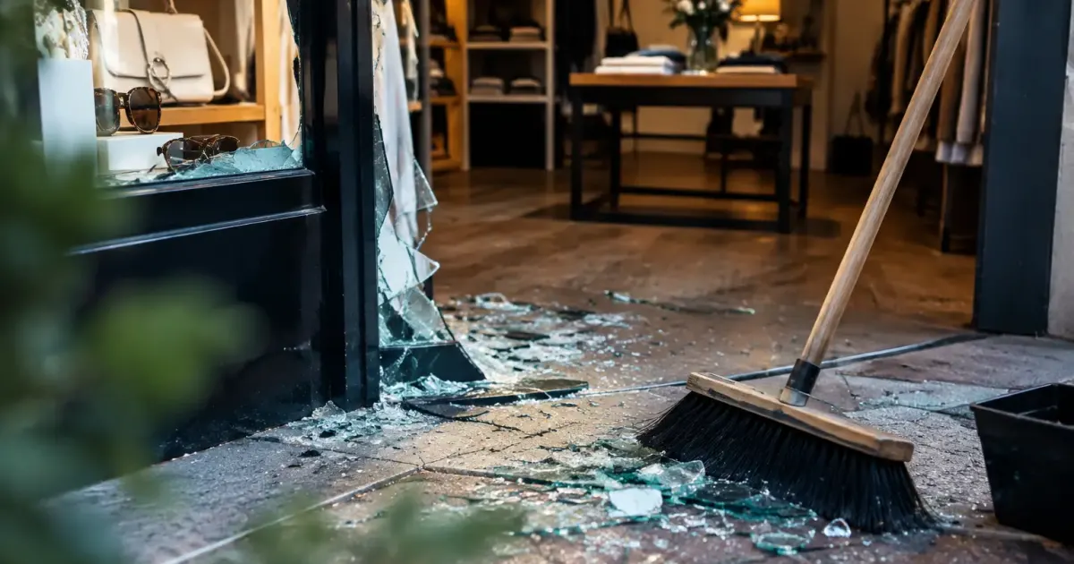 Vitrine brisée, commerçant balayant du verre au sol