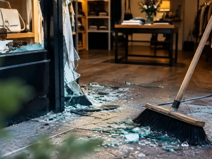 Vitrine brisée, commerçant balayant du verre au sol