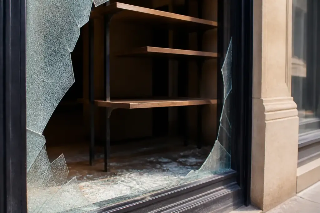Vitrine brisee et etageres vides dans une boutique