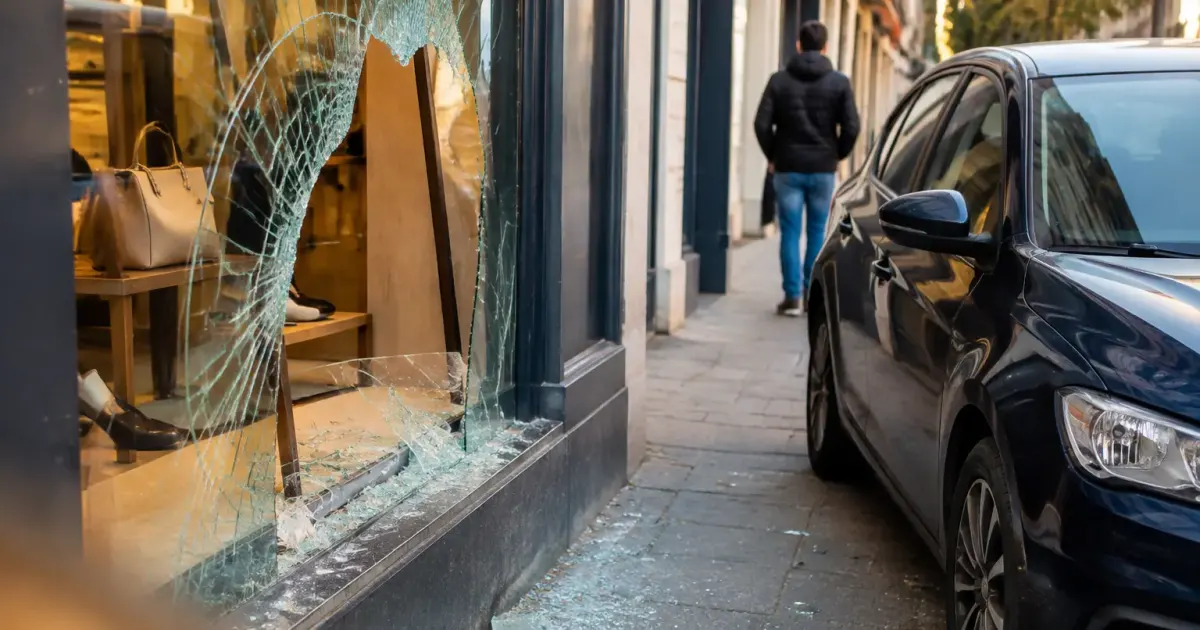 Vitrine brisee et voiture garee sur le trottoir