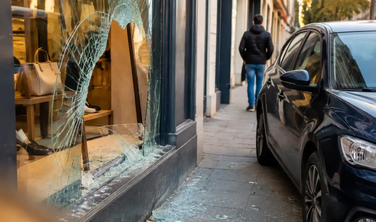 Vitrine brisee et voiture garee sur le trottoir